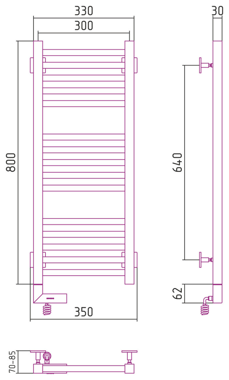 Полотенцесушитель электрический Сунержа Модус 2.0 800x300 МЭМ левый Без покрытия