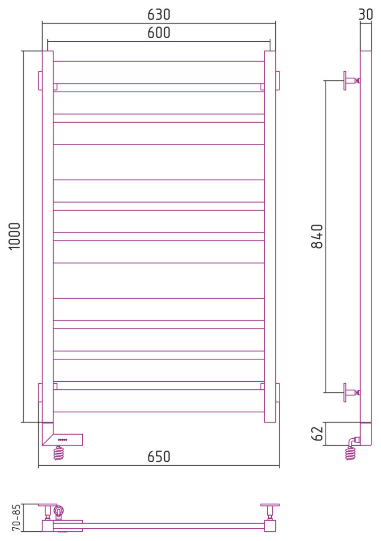 Полотенцесушитель электрический Сунержа Центурион 2.0 1000x600 МЭМ левый Матовый чёрный