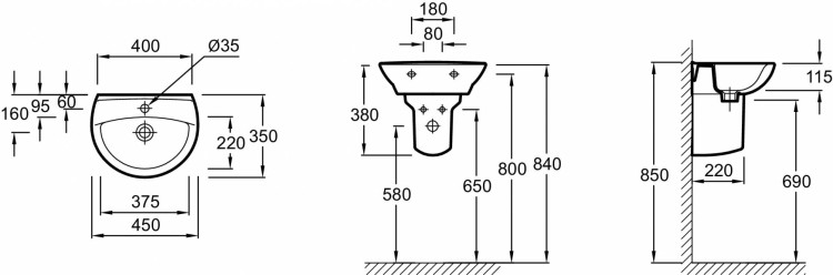 Рукомойник 45 х 35 см без переливного отверстия Jacob Delafon BRIVEE4144-00
