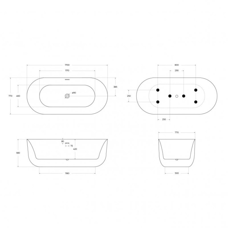 Отдельностоящая, овальная акриловая ванна в комплекте со сливом-переливом Cezares BB706-1700-770