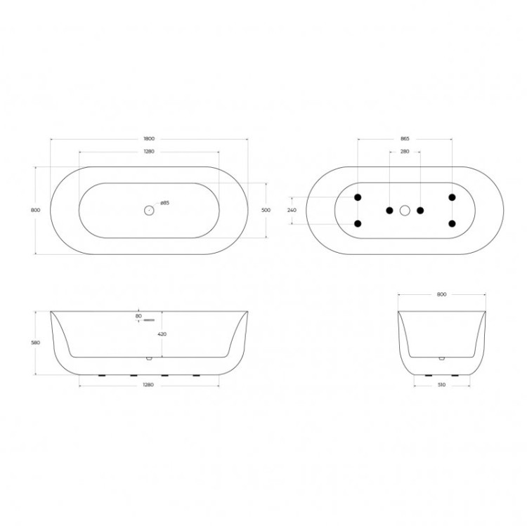 Отдельностоящая, овальная акриловая ванна в комплекте со сливом-переливом Cezares BB706-1700-770