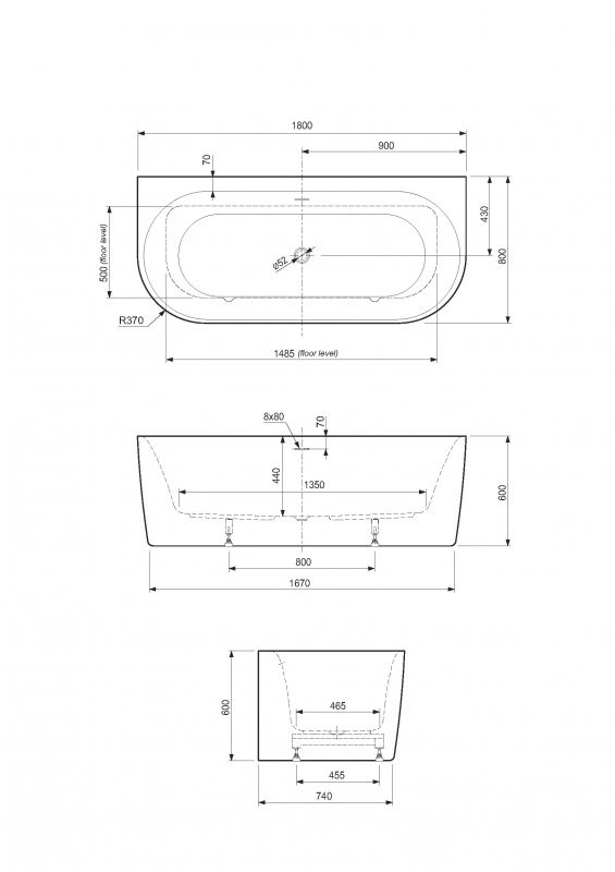 Акриловая ванна Cezares METAURO-INT-Wall-180-80-60-W-MATT
