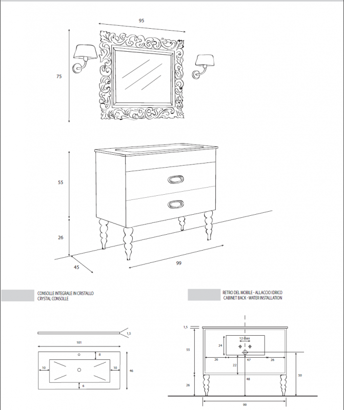 Стеклянная раковина-столешница, 1010x460x230 Cezares OR100/CR Nero