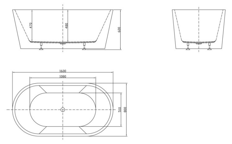 Отдельностоящая овальная акриловая ванна в комплекте со сливом-переливом цвета хром BelBagno BB202-1600-800