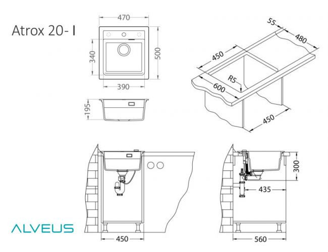 Мойка ALVEUS GRANITAL ATROX 20 CARBON - G91 470 X 500 1X в комплекте с сифоном 1132823,