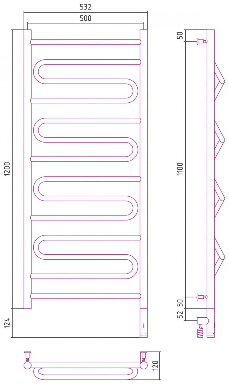Полотенцесушитель электрический Сунержа Элегия 3.0 1200х500 МЭМ правый Тёмный титан муар