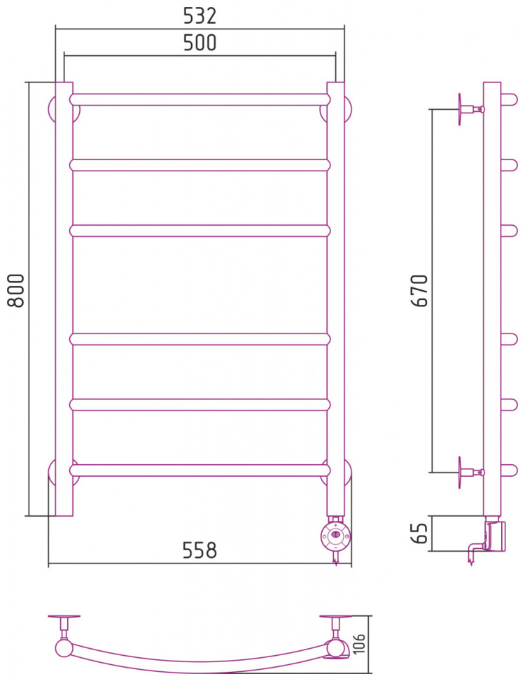 Полотенцесушитель электрический Стилье Формат 12 800х500 правый Без покрытия