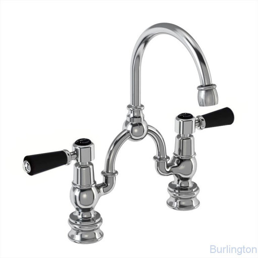 Смеситель для раковины на 2 отверстия Regent с изогнутым изливом, с пробкой и цепочкой  [KER27 BLA + W1]