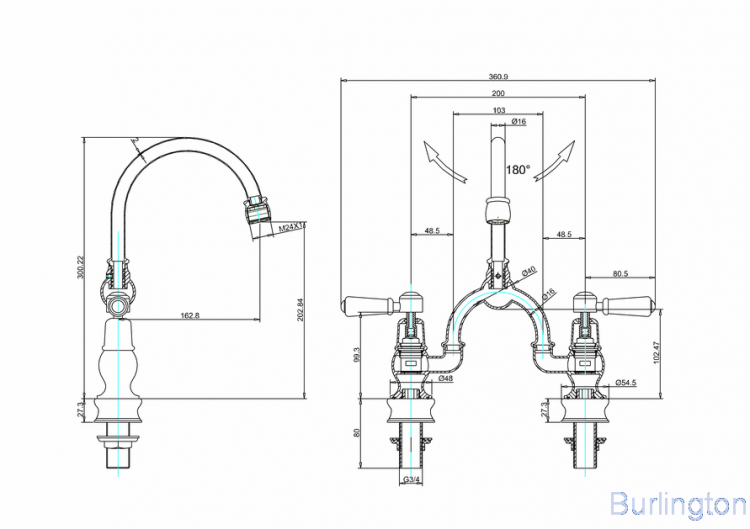 Смеситель для раковины на 2 отверстия Regent с изогнутым изливом, с пробкой и цепочкой  [KER27 BLA + W1]
