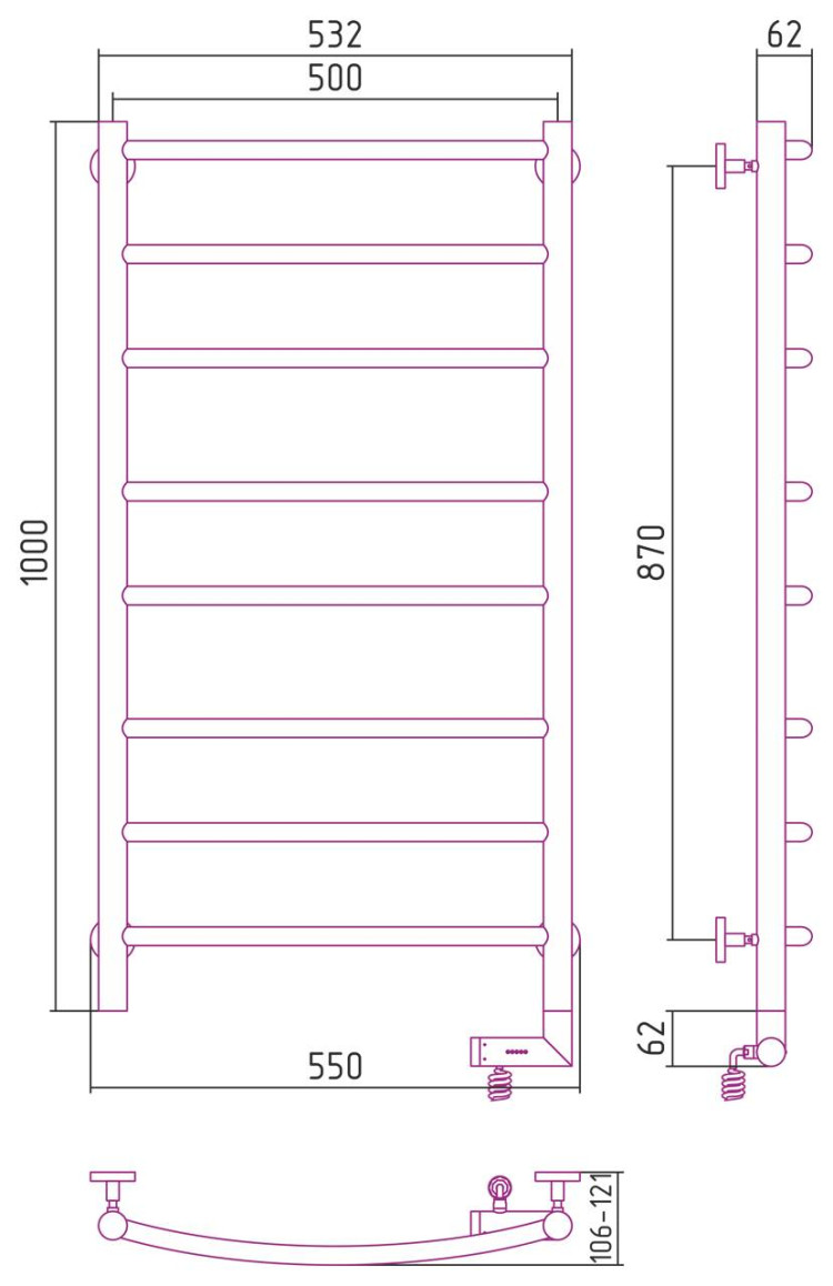 Полотенцесушитель электрический Сунержа Галант 2.0 1000х500 МЭМ правый Без покрытия