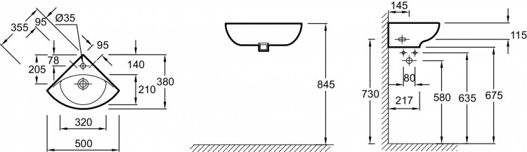Рукомойник угловой 35.5 см без переливного отверстия Jacob Delafon PATIOE4149-00