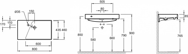 Подвесная раковина-столешница 80 х 46 см, гладкая нижняя поверхность Jacob Delafon RYTHMIKEXO112-Z-00