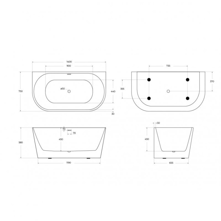 Пристенная, полукруглая акриловая ванна в комплекте со сливом-переливом Cezares BB710-1400-750