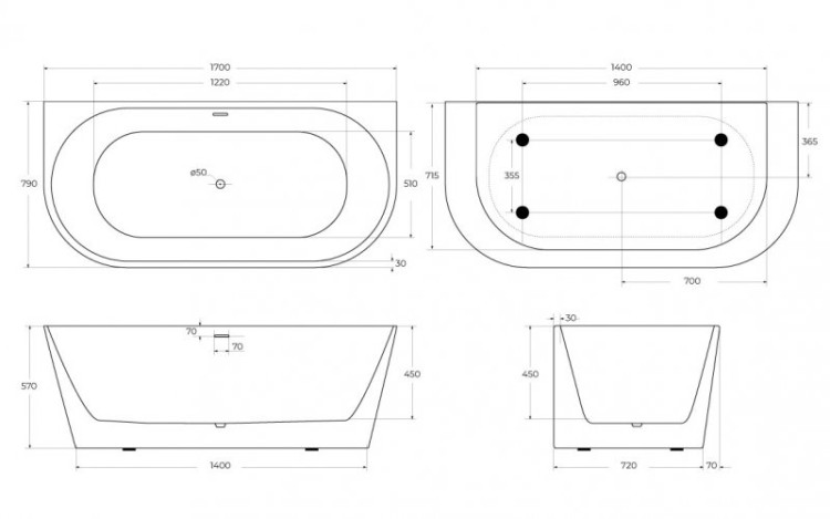 Пристенная, полукруглая акриловая ванна в комплекте со сливом-переливом Cezares BB710-1400-750