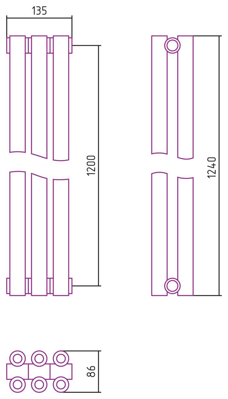 Отопительный радиатор Сунержа Эстет-00 1200х135 3 секции Матовый чёрный