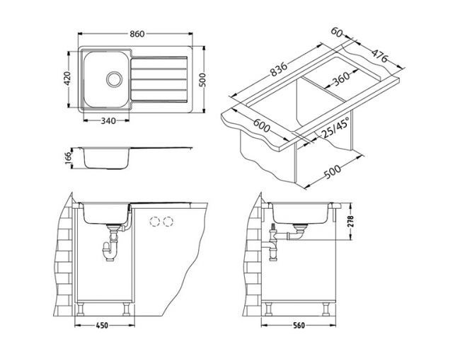 Мойка LINE 20 NAT-90 860X500 в компл. с сифоном 1130551,