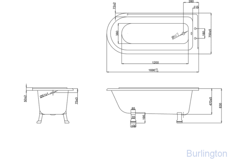 Ванна Hampton 170 x 75см, правостороняя (без ножек), цвет Белый