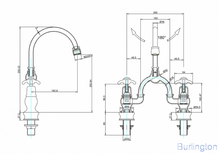 Смеситель для раковины на 2 отверстия Regent с изогнутым изливом, с пробкой и цепочкой [ANR27 + W1]