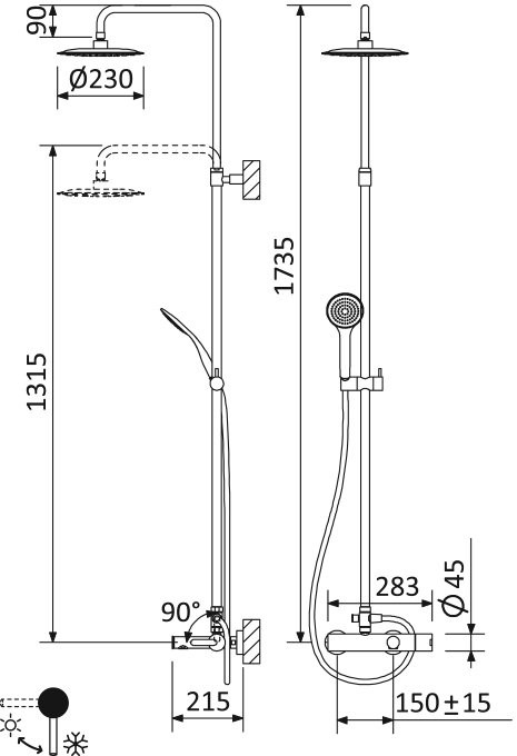 Душевая стойка телескопическая, с изливом с верхним и ручным душем Cezares LEAF-CVDA-23-NOP