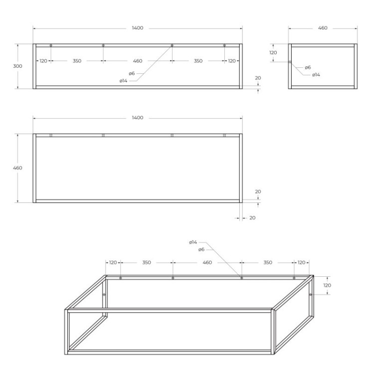 Сварное металлическое консольное крепление столешницы, 1400x460x300 BelBagno EK-140-ST