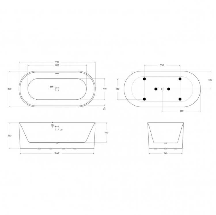 Отдельностоящая, овальная акриловая ванна в комплекте со сливом-переливом Cezares BB705-1800-800