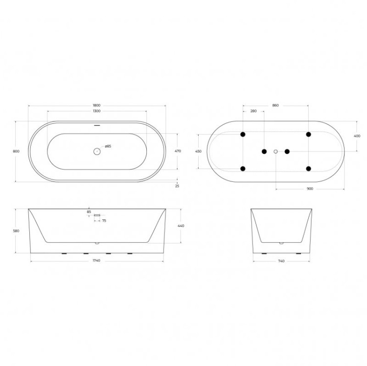 Отдельностоящая, овальная акриловая ванна в комплекте со сливом-переливом Cezares BB705-1800-800