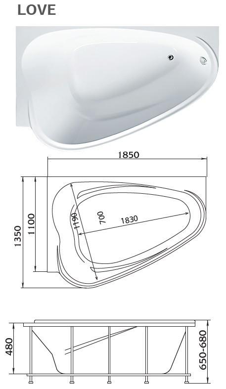 Ванна акриловая асимметричная 1Marka LOVE 185х135 L