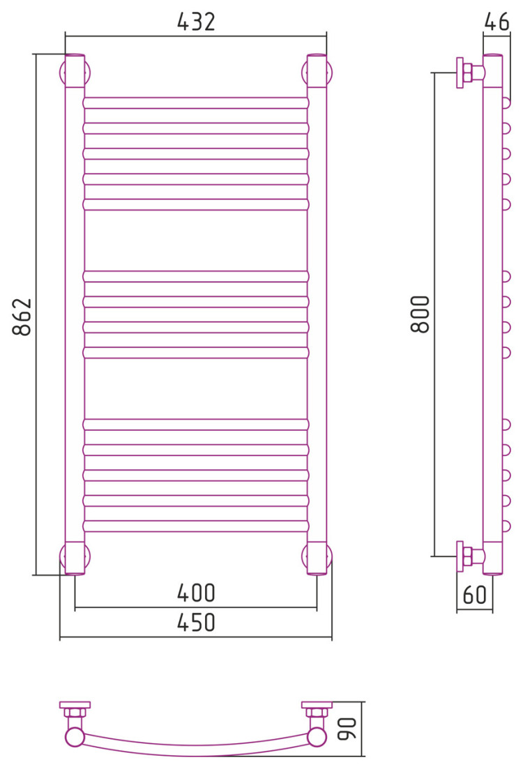 Полотенцесушитель водяной Сунержа Богема+ выгнутая 800х400 Матовый чёрный