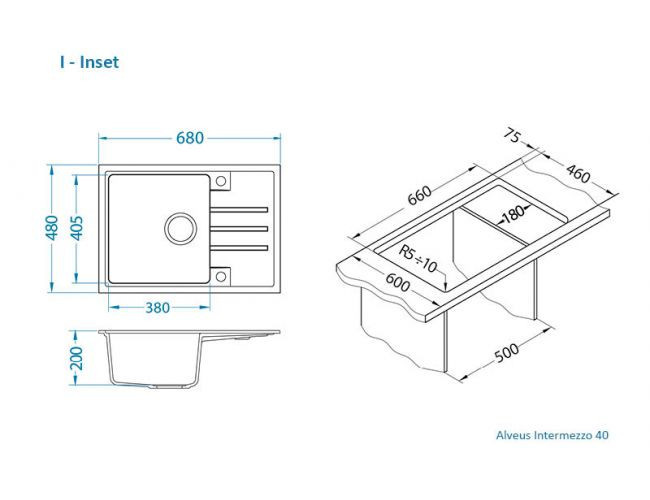 Мойка ALVEUS GRANITAL INTERMEZZO 40 G91 CARBON 680x480x200 в комплекте с сифоном 1117292