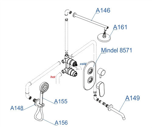 WasserKRAFT A85161 Встраиваемый комлплект для ванны с верхней душевой насадкой, лейкой и изливом