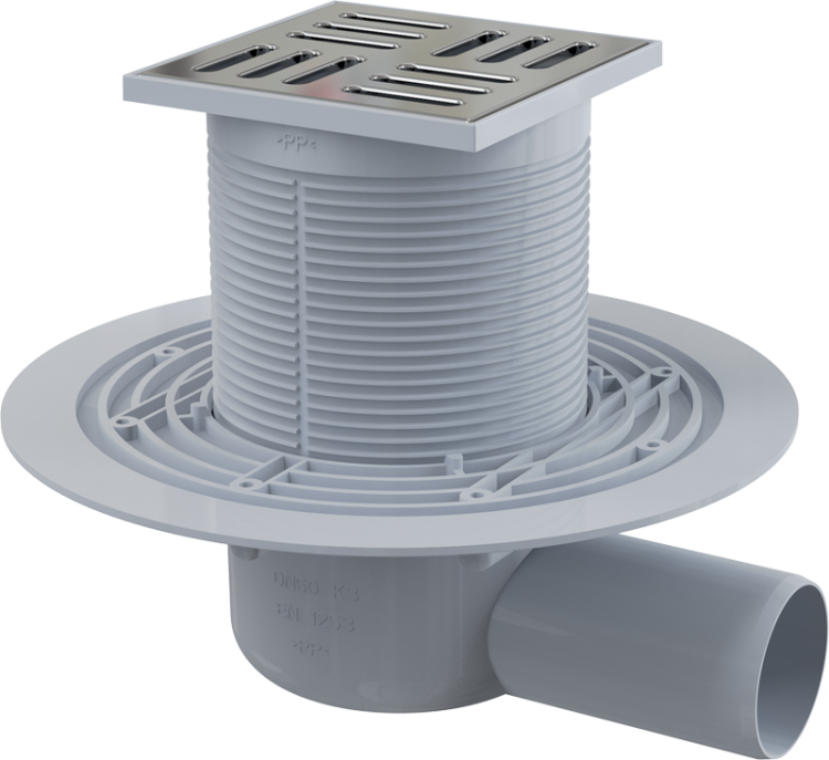 Сливной трап 105×105/50 мм боковой сток, решетка из нержавеющей стали, гидрозатвор мокрый Alcadrain APV101