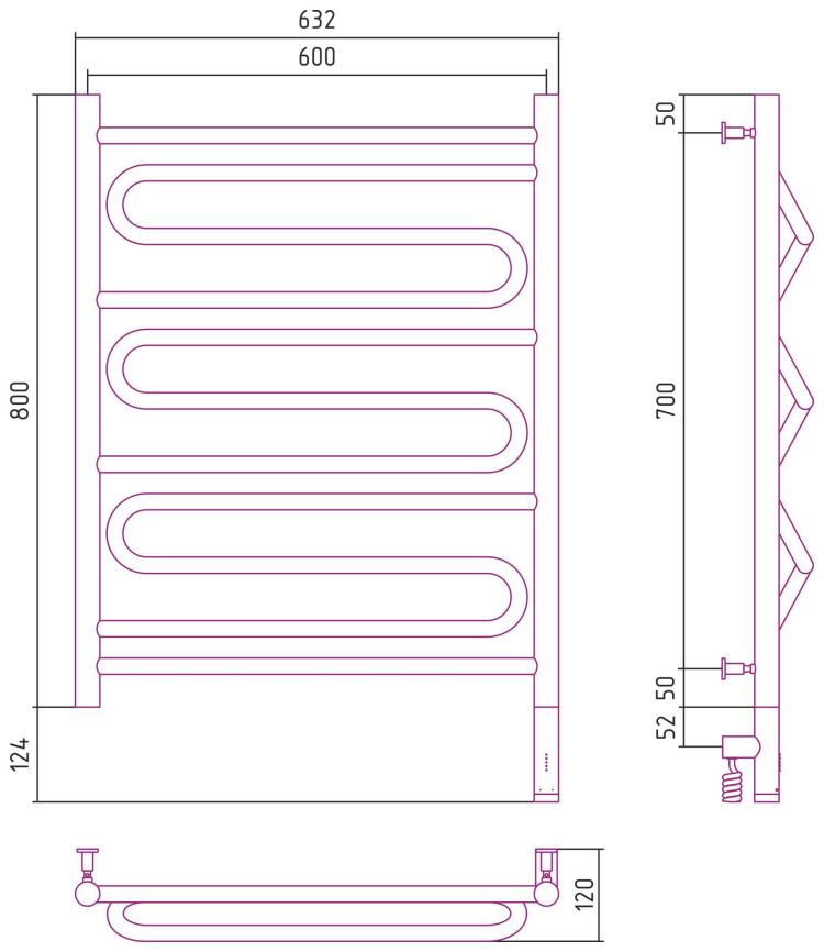 Полотенцесушитель электрический Сунержа Элегия 3.0 800х600 МЭМ правый Матовая шампань