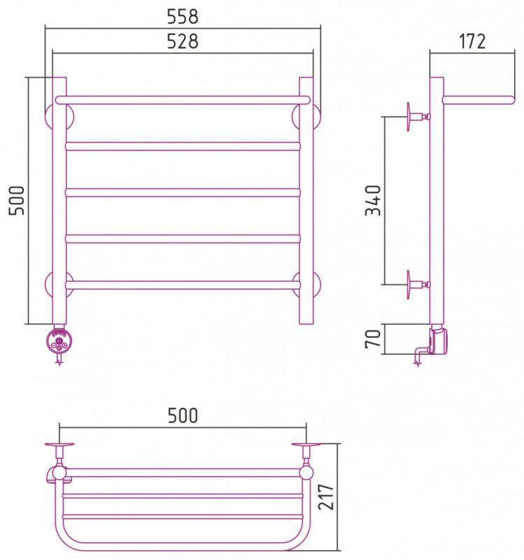 Полотенцесушитель электрический Стилье Формат 20 ТЛ 500х500 (Полка + 4) П16 Без покрытия