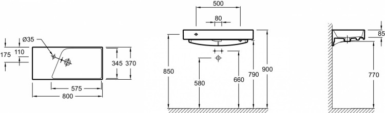 Подвесная раковина-столешница 80 х 37 см, гладкая нижняя поверхность Jacob Delafon RYTHMIKEXP112-Z-00