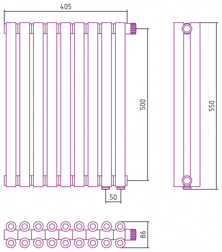 Отопительный радиатор Сунержа Эстет-00 EU50 500х405 9 секций Матовая шампань