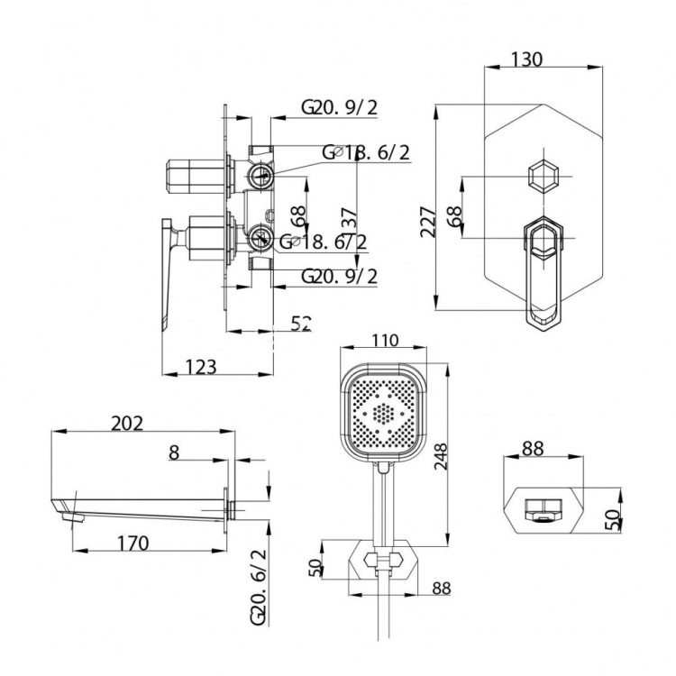 Смеситель Lemark Prizma LM3922C для ванны и душа, встраиваемый
