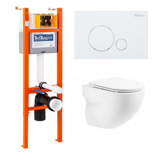 Унитаз подвесной с сиденьем BelBagno ONDA + Система инсталляции для унитазов с кнопкой смыва BB014-SR-BIANCO Cezares BB066CHR/BB870SC/BB004-40 EXPERT/BB014-SR-BIANCO