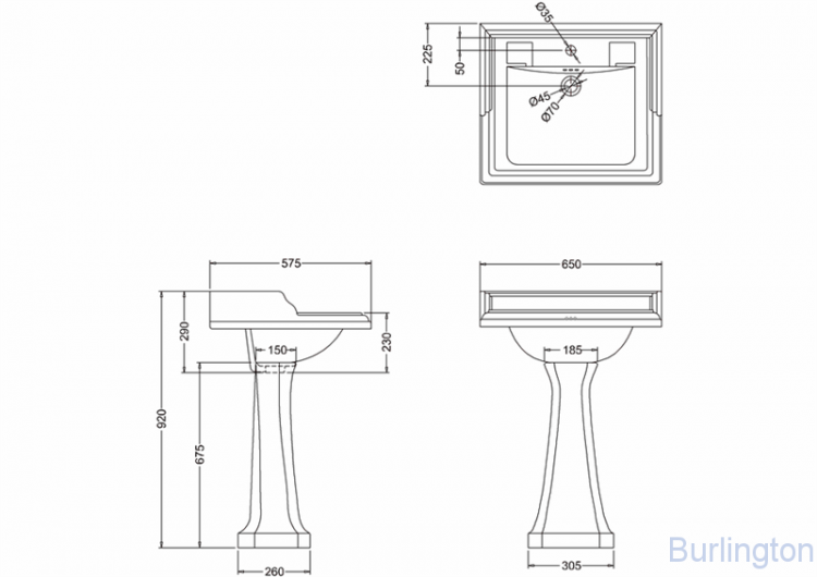 Классическая раковина на 1 или 2 отверстия с пьедесталом