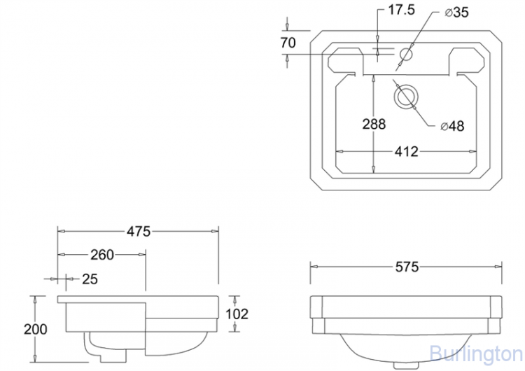 Полувстраиваемая раковина на 1 или 2 отверстия [B12]