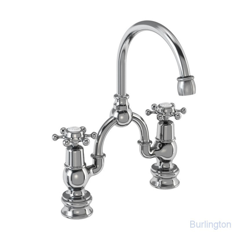 Смеситель для раковины на 2 отверстия Regent с изогнутым изливом, с пробкой и цепочкой [BIR27 + W1]