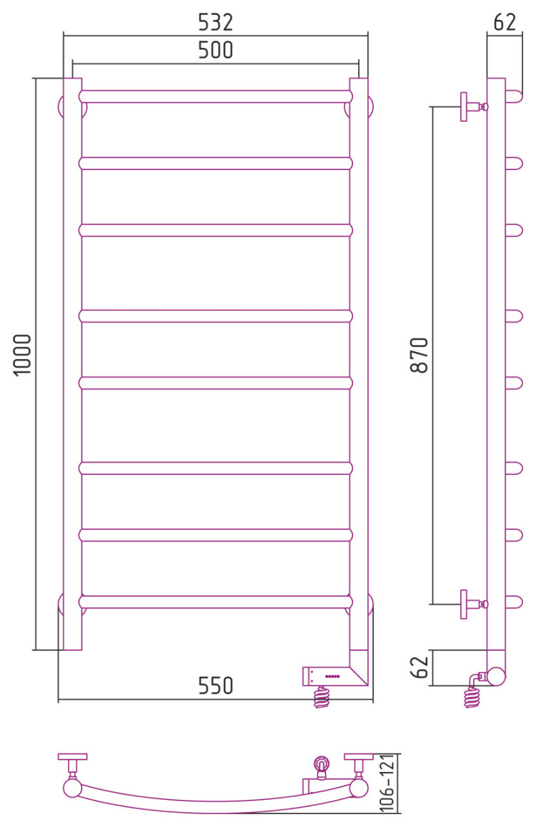 Полотенцесушитель электрический Сунержа Галант 2.0 1000х500 МЭМ правый Матовый чёрный