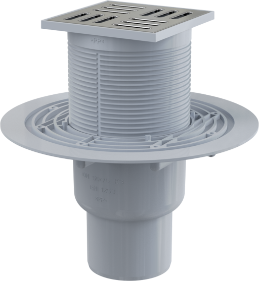 Сливной трап 105×105/50/75 мм прямой сток, решетка из нержавеющей стали, гидрозатвор мокрый Alcadrain APV201