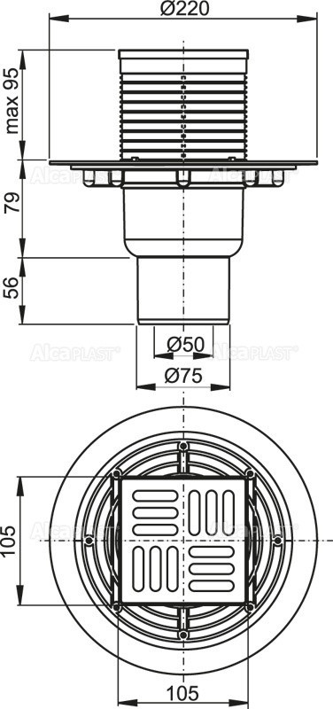 Сливной трап 105×105/50/75 мм прямой сток, решетка из нержавеющей стали, гидрозатвор мокрый Alcadrain APV201