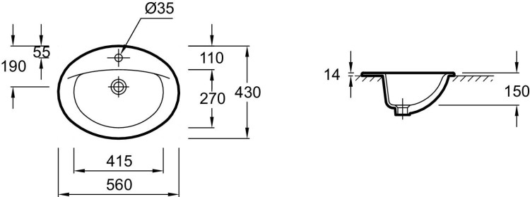 Встраиваемая раковина 56 х 43 см, без переливного отверстия Jacob Delafon PATIOE4155-X5-00