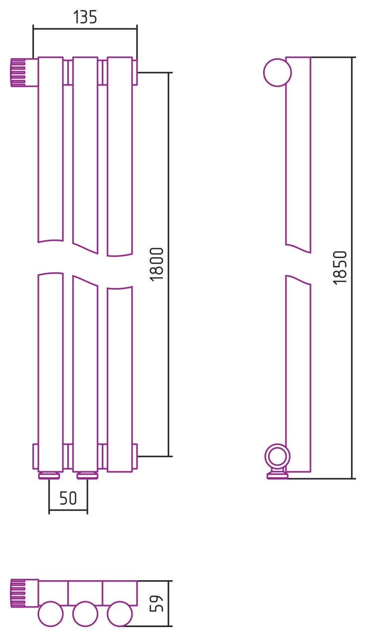 Отопительный радиатор Сунержа Эстет-1 EU50 левый 1800х135 3 секции Сатин