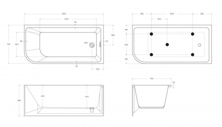 Пристенная, прямоугольная акриловая ванна в комплекте со сливом-переливом Cezares BB712-1500-730-L