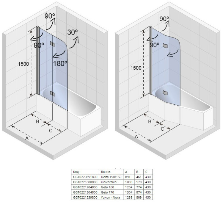 Шторка на ванну Riho Nautic 3000 N500 Geta 120x150