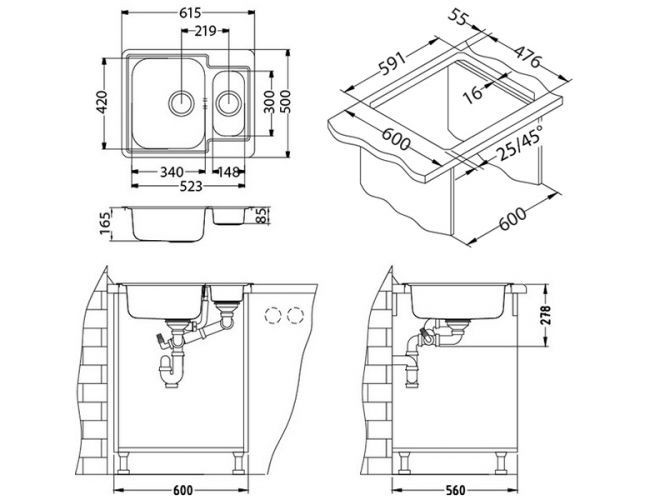 Мойка LINE 50 NAT-90 615X500 в компл. с сифоном 1130555,