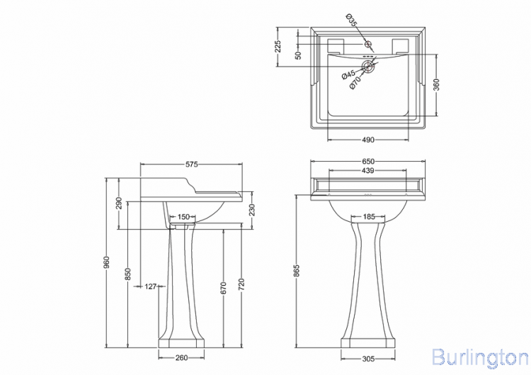 Классическая раковина на 1 или 2 отверстия с пьедесталом Regal
