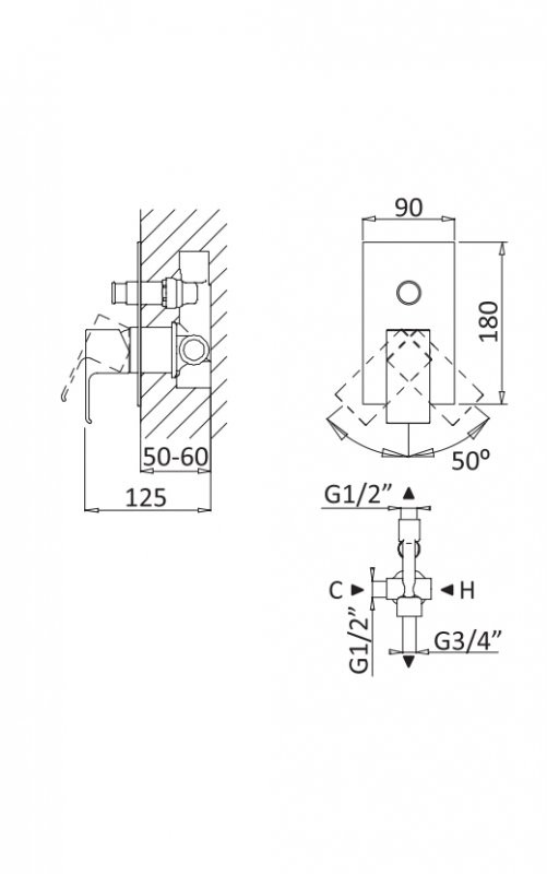 Встраиваемый однорычажный смеситель для душа с переключателем Cezares PORTA-VDIM-NOP